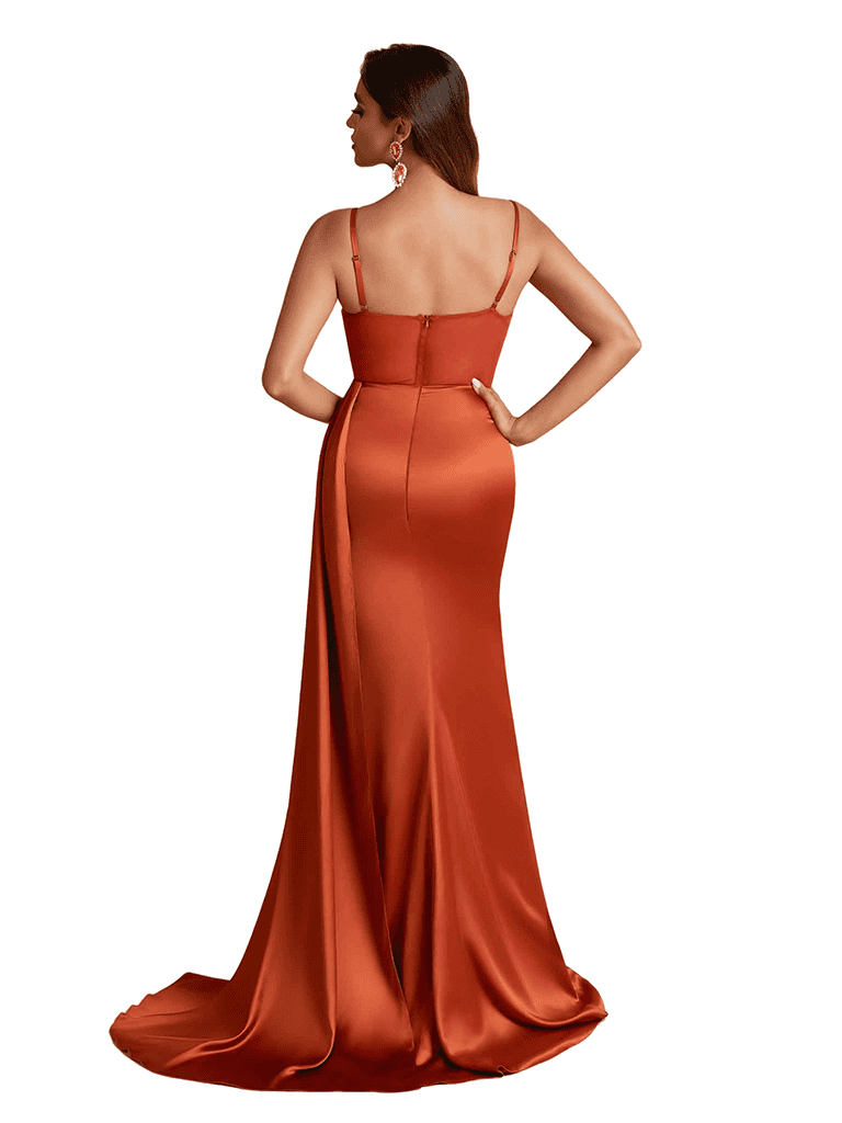 Sexy Siliy Satin Boning Mermaid Side Split Long Bridesmaid Dresses Spaghetti Straps