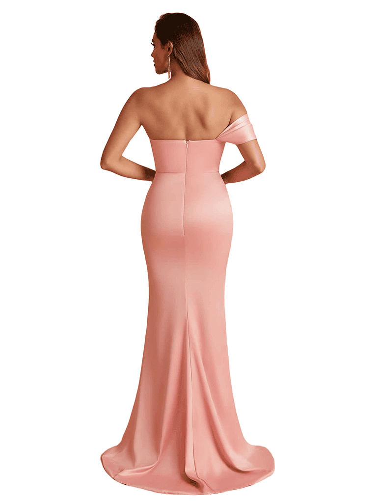 Sexy One Shoulder Side Split Mermaid Satin Chic Long Bridesmaid Dresses Online