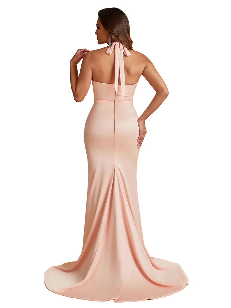 Sexy Halter Mermaid Silky Satin Unique Long Bridesmaid Dresses Online Side Slit