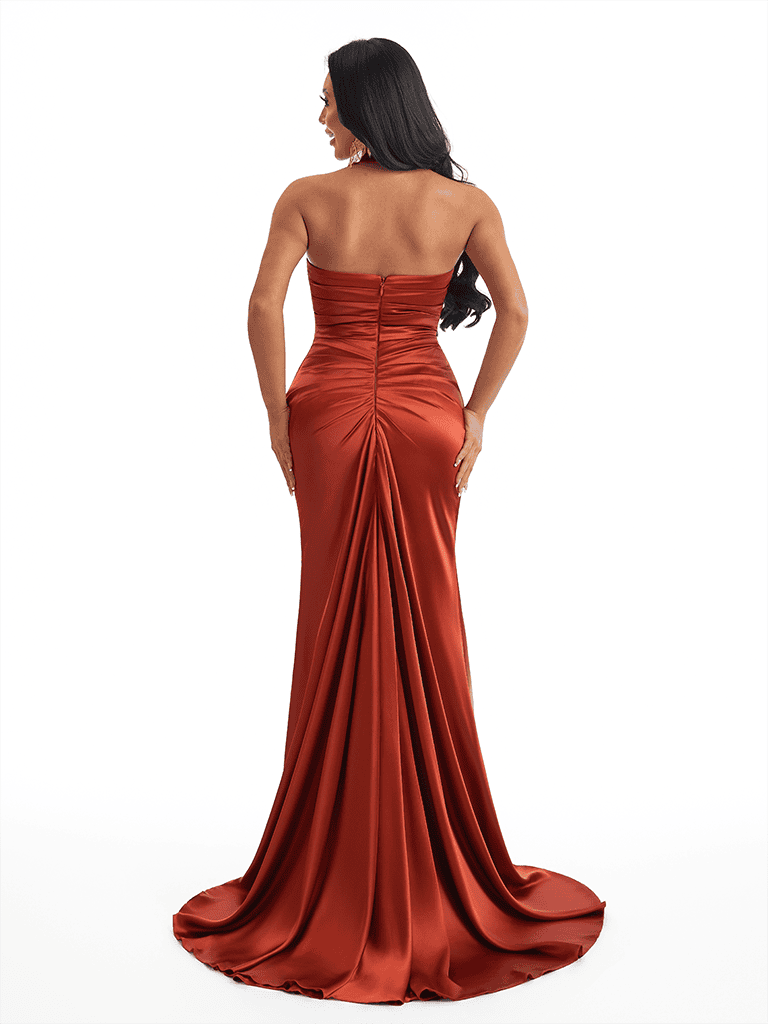 Sexy Halter Mermaid Soft Satin Side Slit Long Bridesmaid Dresses Online