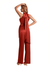 Elegant High Neck Silky Satin Long Women's Pantsuit For Bridesmaids