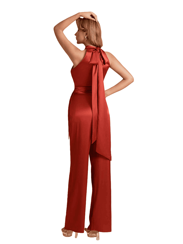 Elegant High Neck Silky Satin Long Women's Pantsuit For Bridesmaids