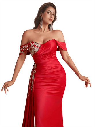 Luxury Sexy Off The Shoulder Lace Silky Satin Long Bridesmaid Dresses Side Slit