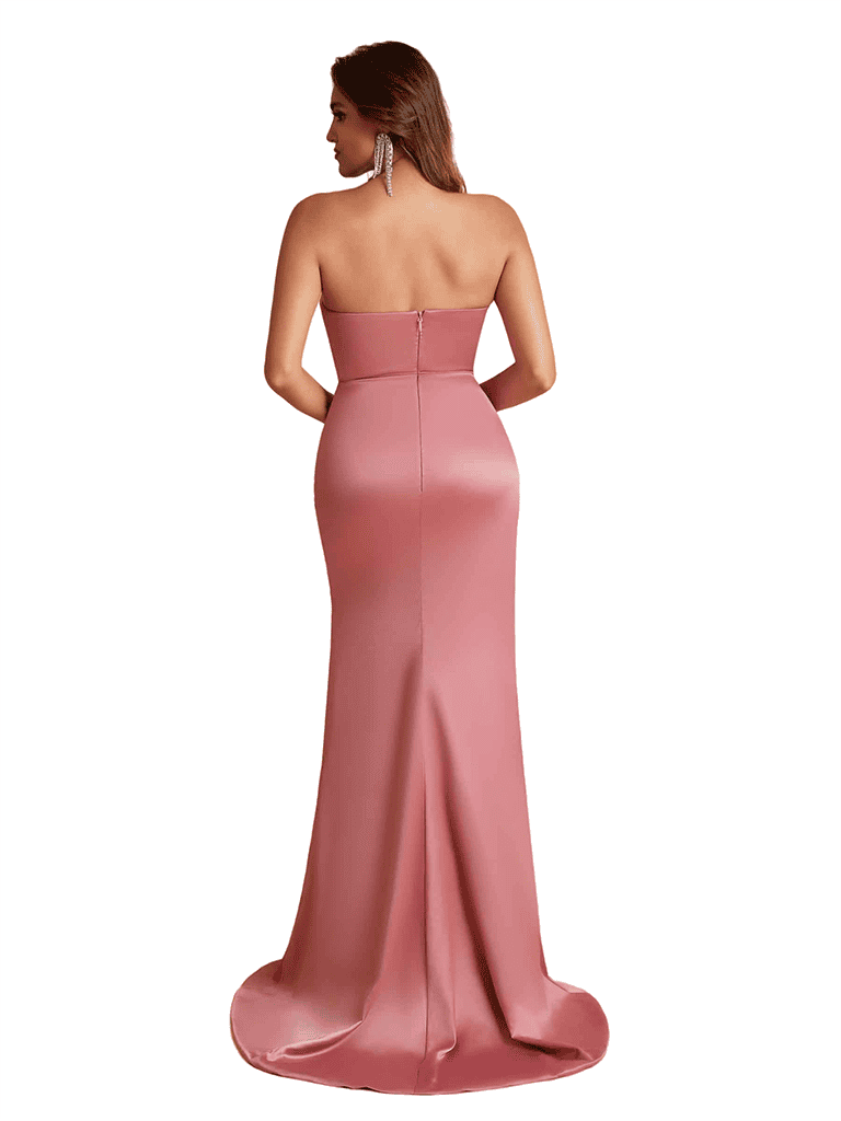 Elegant One Shoulder Mermaid Silky Satin Long Bridesmaid Dresses Online Side Split