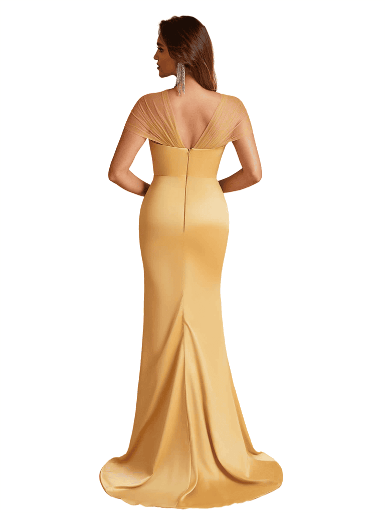 Elegant Cap Sleeves Side Slit Mermaid Tulle Satin Long Bridesmaid Dresses Online