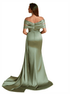 Elegant Off The Shoulder Mermaid Unique Satin Side Split Pleated Long Bridesmaid Dresses