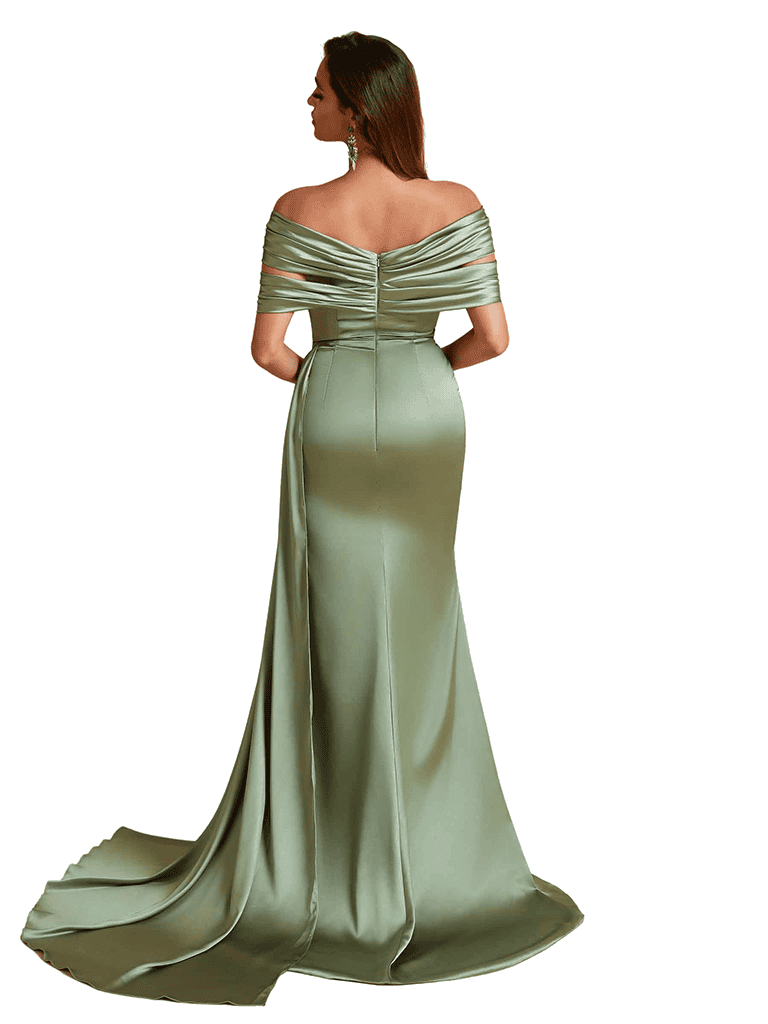 Elegant Off The Shoulder Mermaid Unique Satin Side Split Pleated Long Bridesmaid Dresses