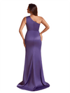 Sexy One Shoulder Mermaid Ruched Satin Unique Long Bridesmaid Dresses Side Split