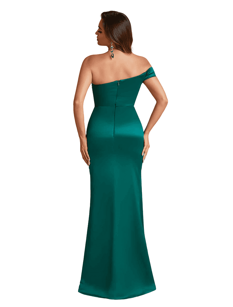 Beaded One Shoulder Mermaid Silky Satin Pretty Long Bridesmaid Dresses Side Slit