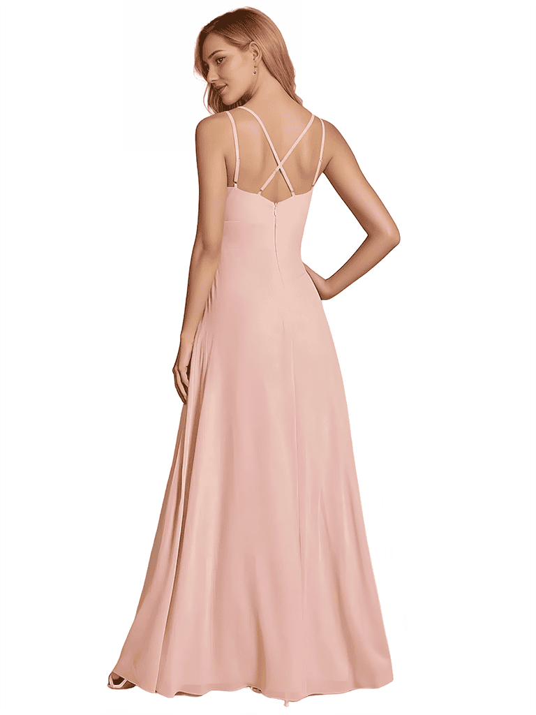 Unique A-line Spaghetti Straps Side Slit Chiffon Floor-Length Bridesmaid Dresses