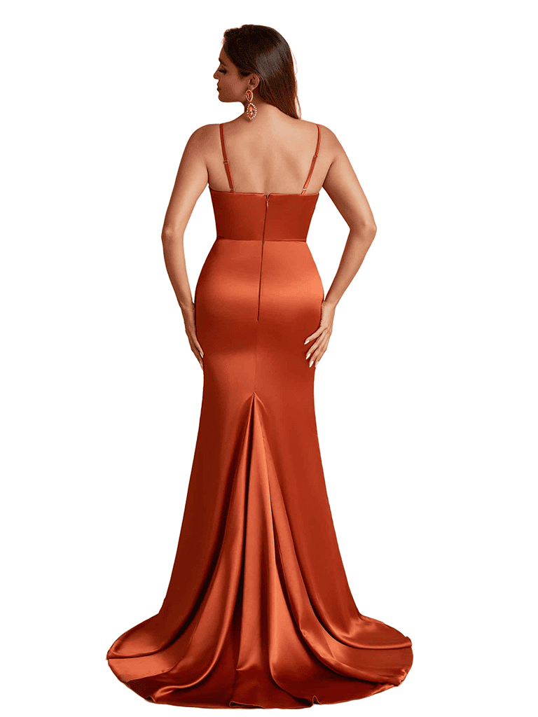 Sexy Mermaid Silky Satin Long Bridesmaid Dresses Spaghetti Straps Side Split