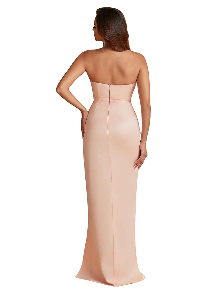 Sexy Scoop Mermaid Silky Satin Unique Long Bridesmaid Dresses Side Slit