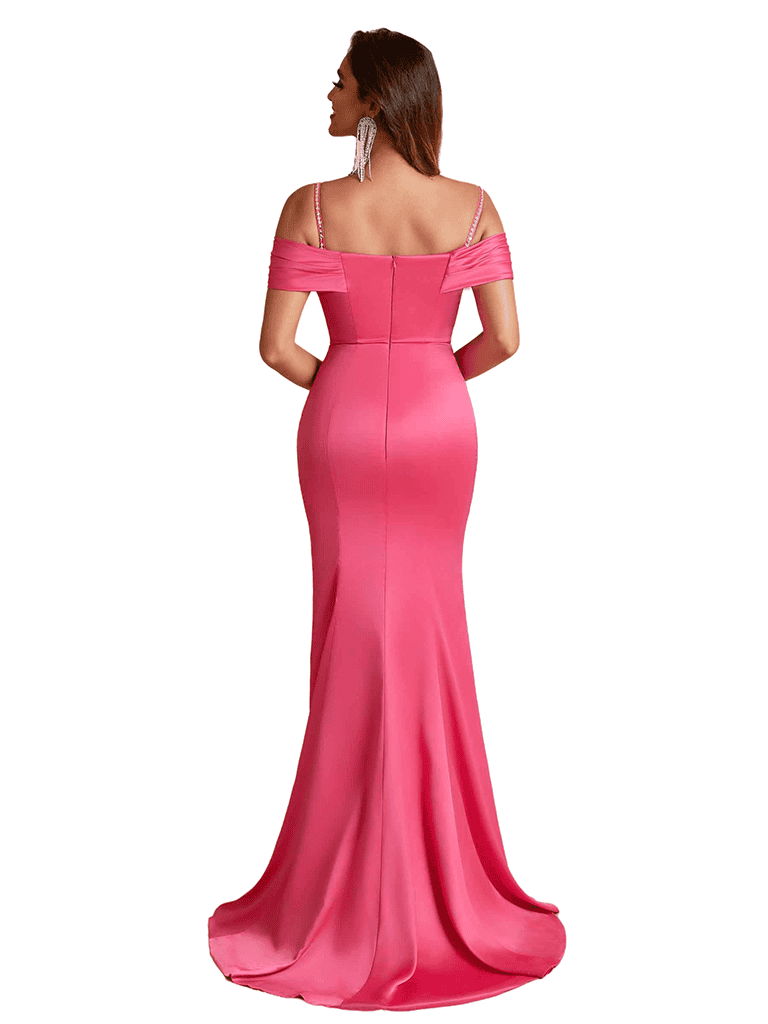Elegant Cold Shoulder Mermaid Ruched Satin Long Bridesmaid Dresses Online Side Split