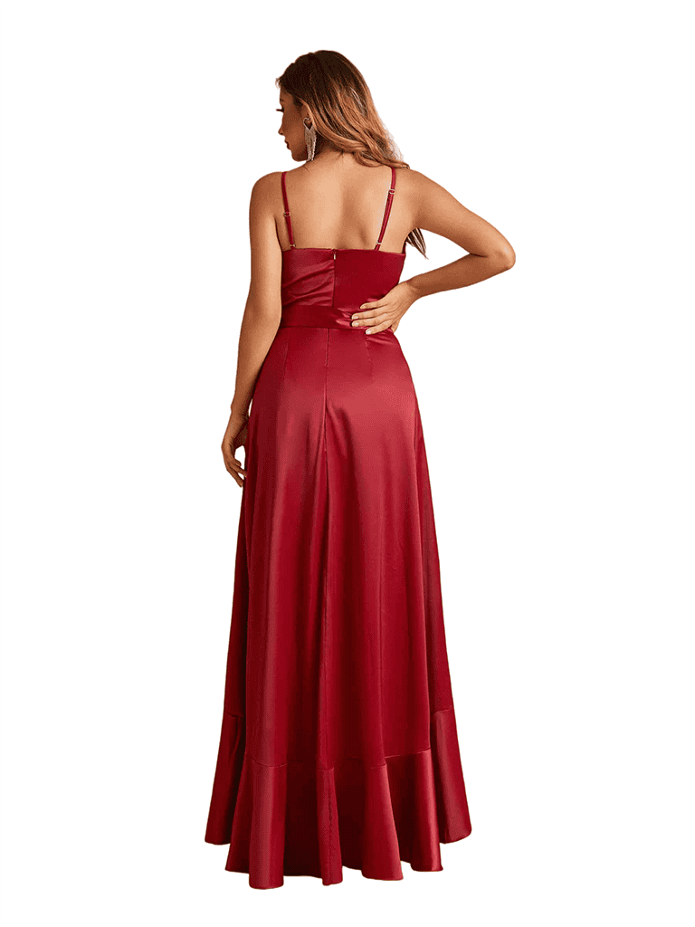 Sexy V-Neck Spaghetti Straps A-Line High Low Soft Satin Long Bridesmaid Dresses