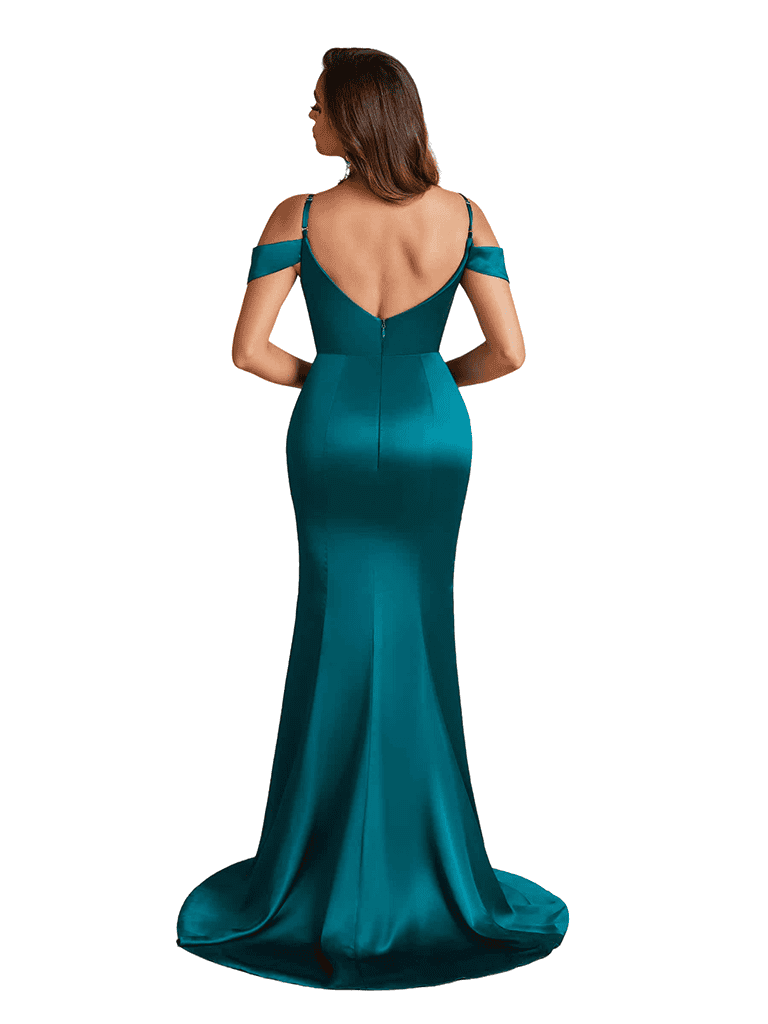 Sexy Cold Shoulder Ruched Silky Satin Side Split Mermaid Long Bridesmaid Dresses