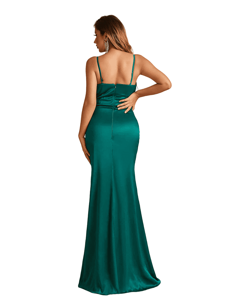 Sexy Spaghetti Straps Side Slit Mermaid Soft Satin Ruched Floor-Length Bridesmaid Dresses