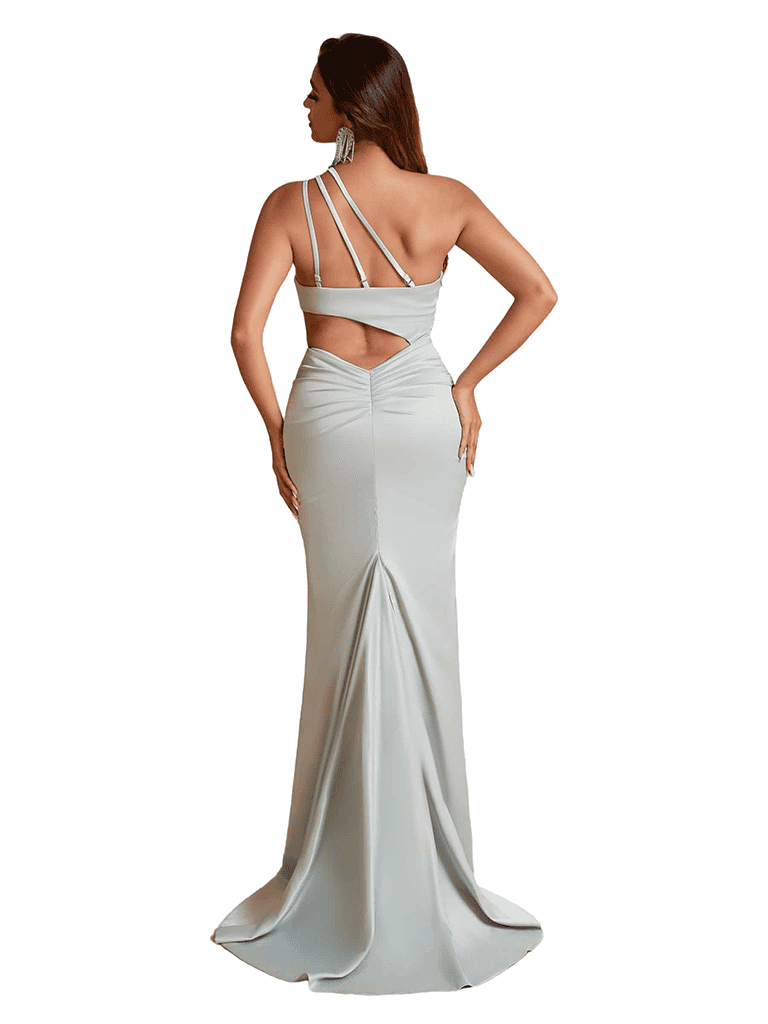 Unique One Shoulder Side Split Mermaid Silky Satin Long Bridesmaid Dresses Online