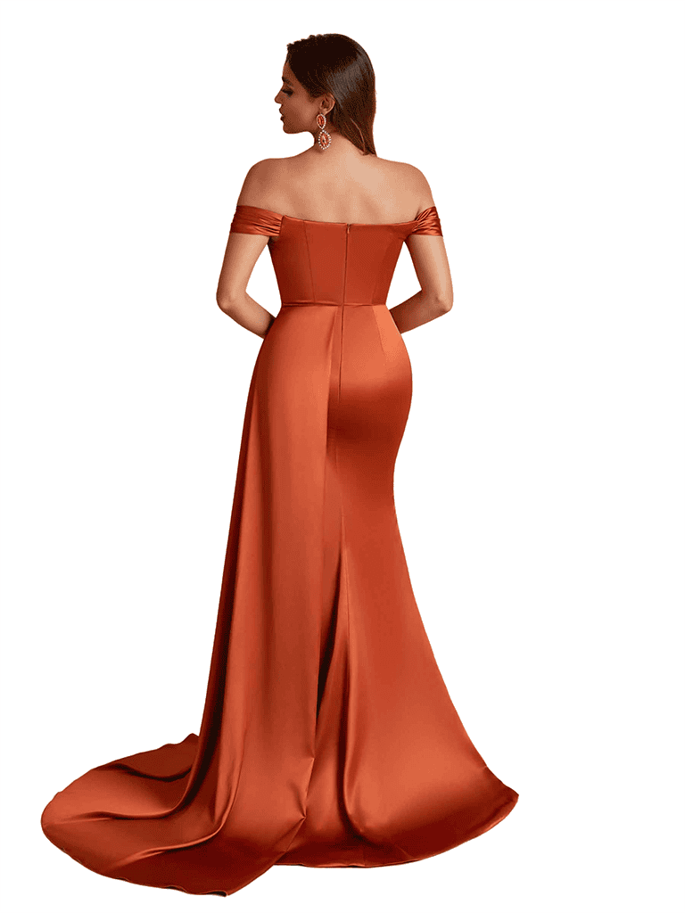 Sexy Off The Shoulder Beaded Mermaid Silky Satin  Long Bridesmaid Dresses Side Slit