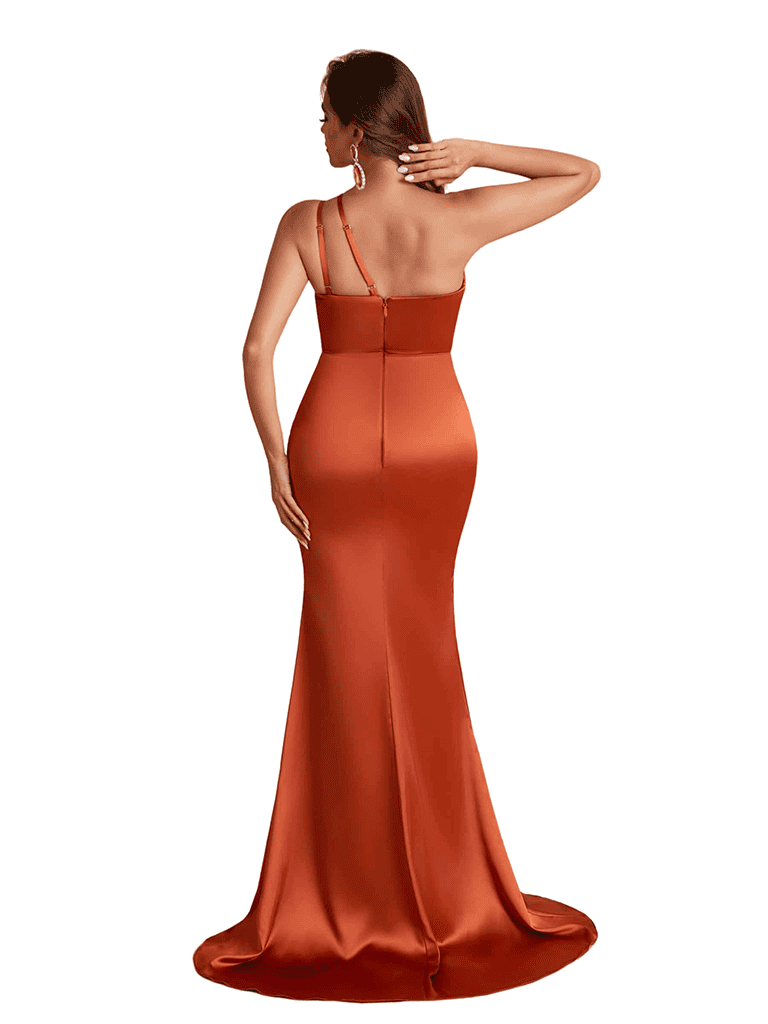 Modern One Shoulder Mermaid Ruched Satin Pretty Long Bridesmaid Dresses Side Split