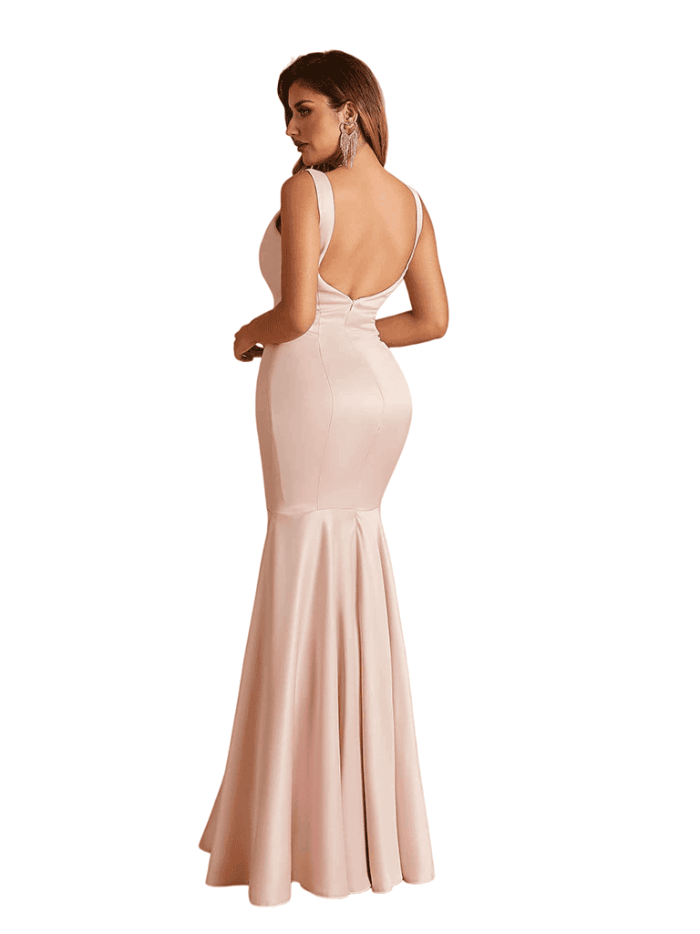 Sexy Deep V-Neck Mermaid Soft Satin Open Back Long Bridesmaid Dresses