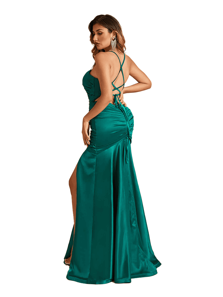 Sexy Mermaid Spaghetti Straps Side Slit Ruched Soft Satin Pretty Long Bridesmaid Dresses