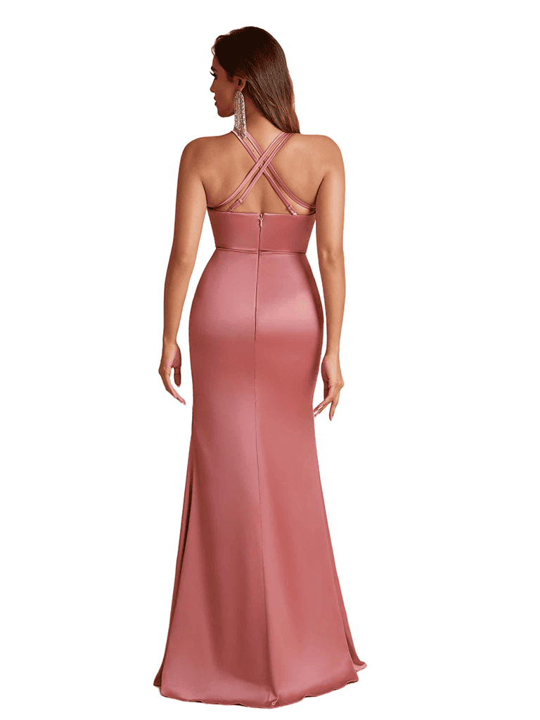 Elegant Mermaid Spaghetti Straps Silky Satin Long Bridesmaid Dresses Online Side Split