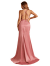 Sexy Spaghetti Straps Criss Cross Side Slit Mermaid Soft Satin Long Bridesmaid Dresses