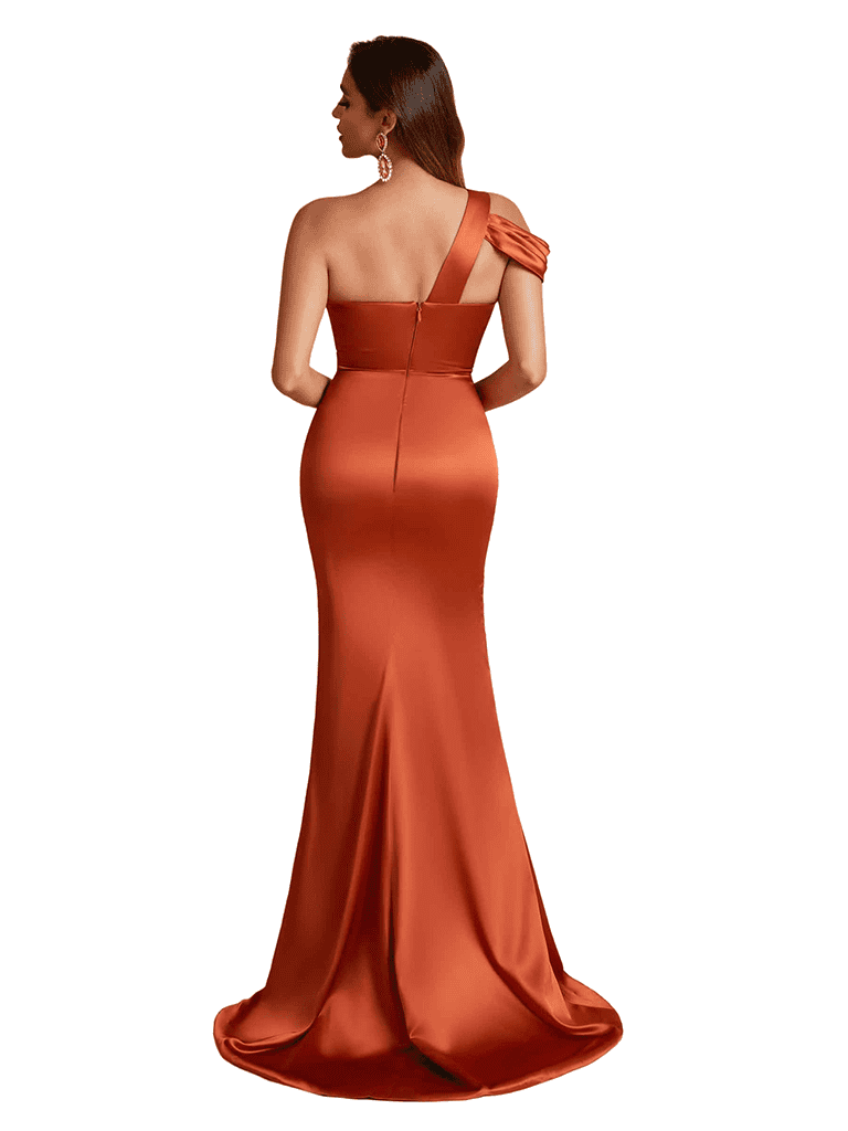 Sexy Silky Satin One Shoulder Mermaid Side Slit Long Bridesmaid Dresses Online