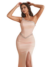 Sexy One Shoulder Mermaid Silky Satin Beaded Long Bridesmaid Dresses Side Slit