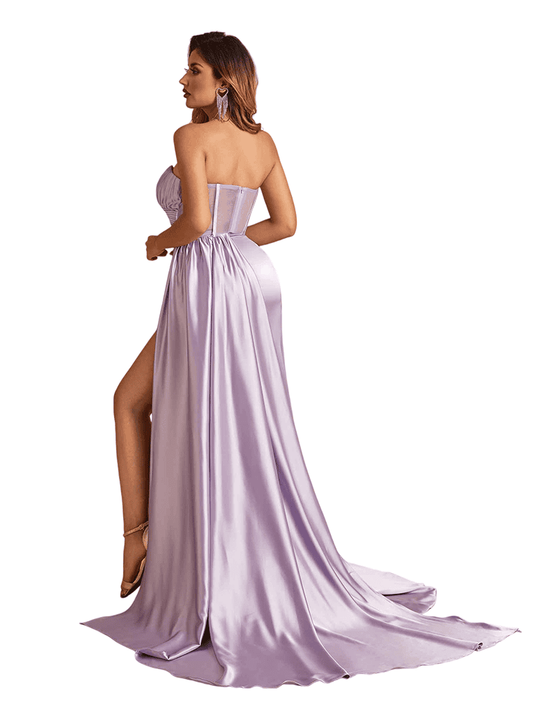 Sexy V-Neck Boning Side Slit Mermaid Soft Satin Zipper Back Long Bridesmaid Dresses