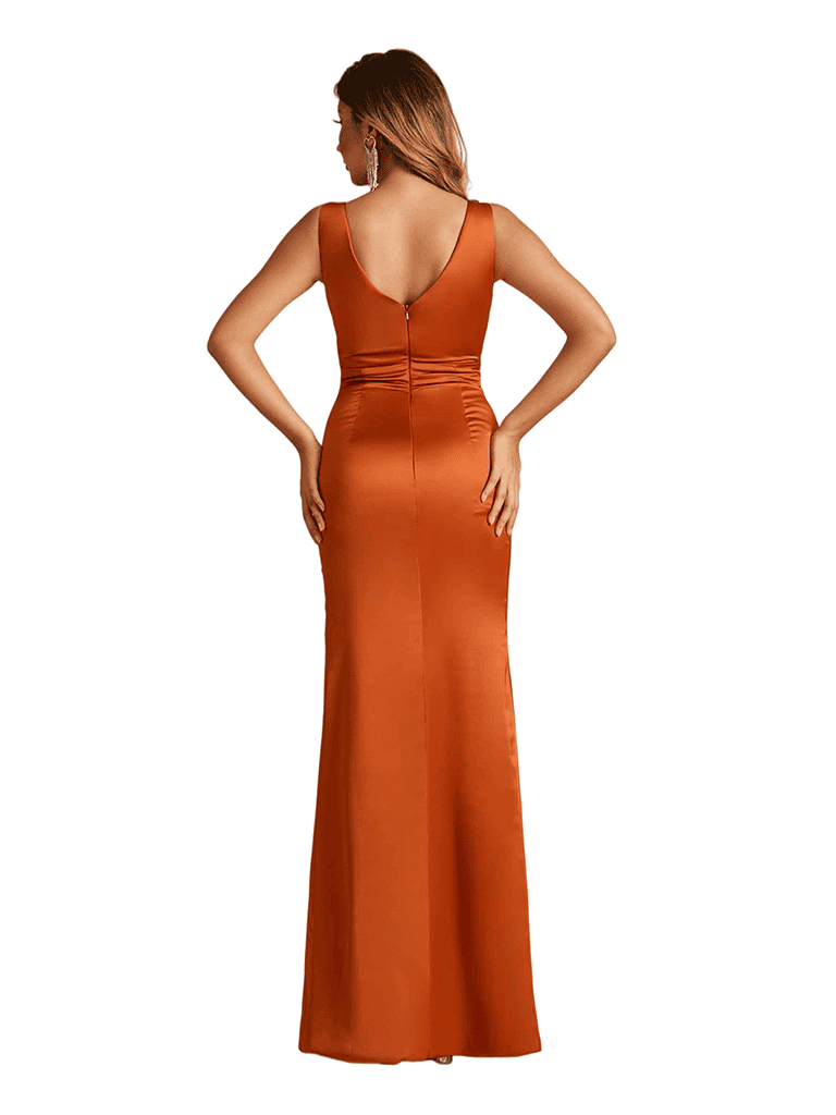 Elegant V-Neck Ruched Mermaid Satin Long Bridesmaid Dresses Online