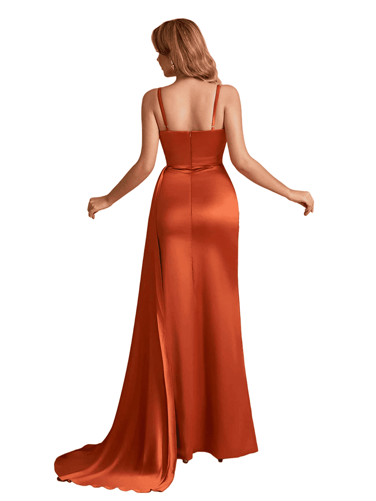 Sexy Spaghetti Straps Cowl Neck Silky Satin Side Split Mermaid Long Bridesmaid Dresses Online