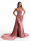 Sexy Off Shoulder Side Split Mermaid Soft Satin Long Bridesmaid Dresses