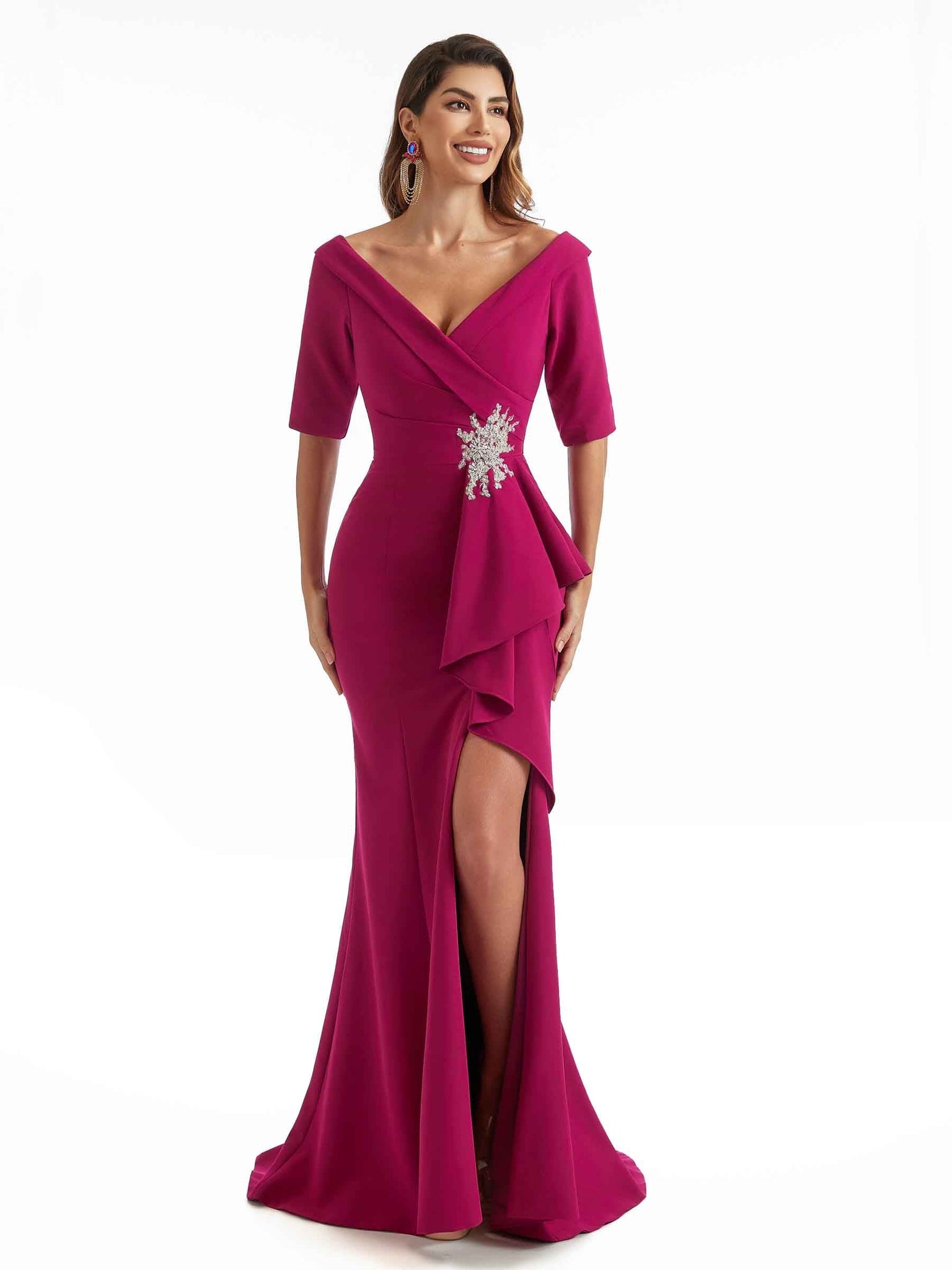 Mermaid Short Sleeves Stretch Crepe Long Sexy Side Split Bridesmaid Dresses UK