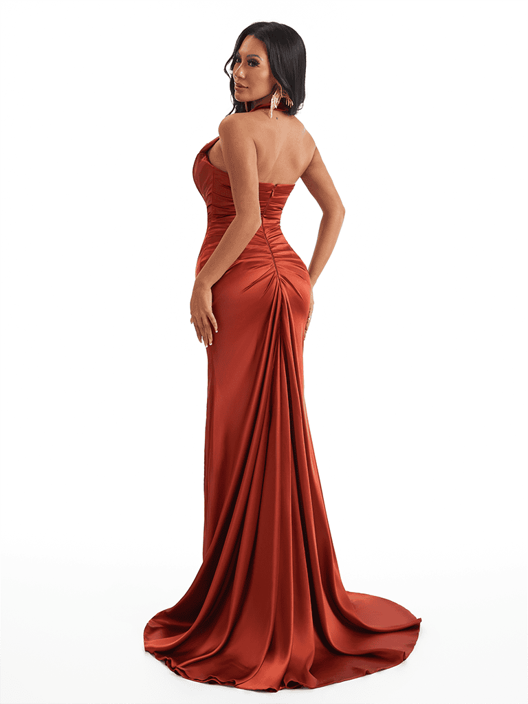Sexy Halter Mermaid Soft Satin Side Slit Long Bridesmaid Dresses Online
