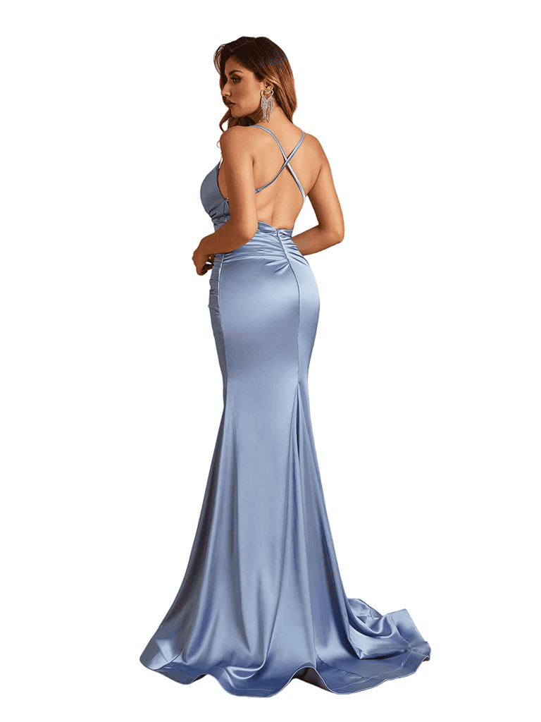 Sexy V-Neck Spaghetti Straps Ruched Satin Mermaid Long Wedding Bridesmaid Dresses