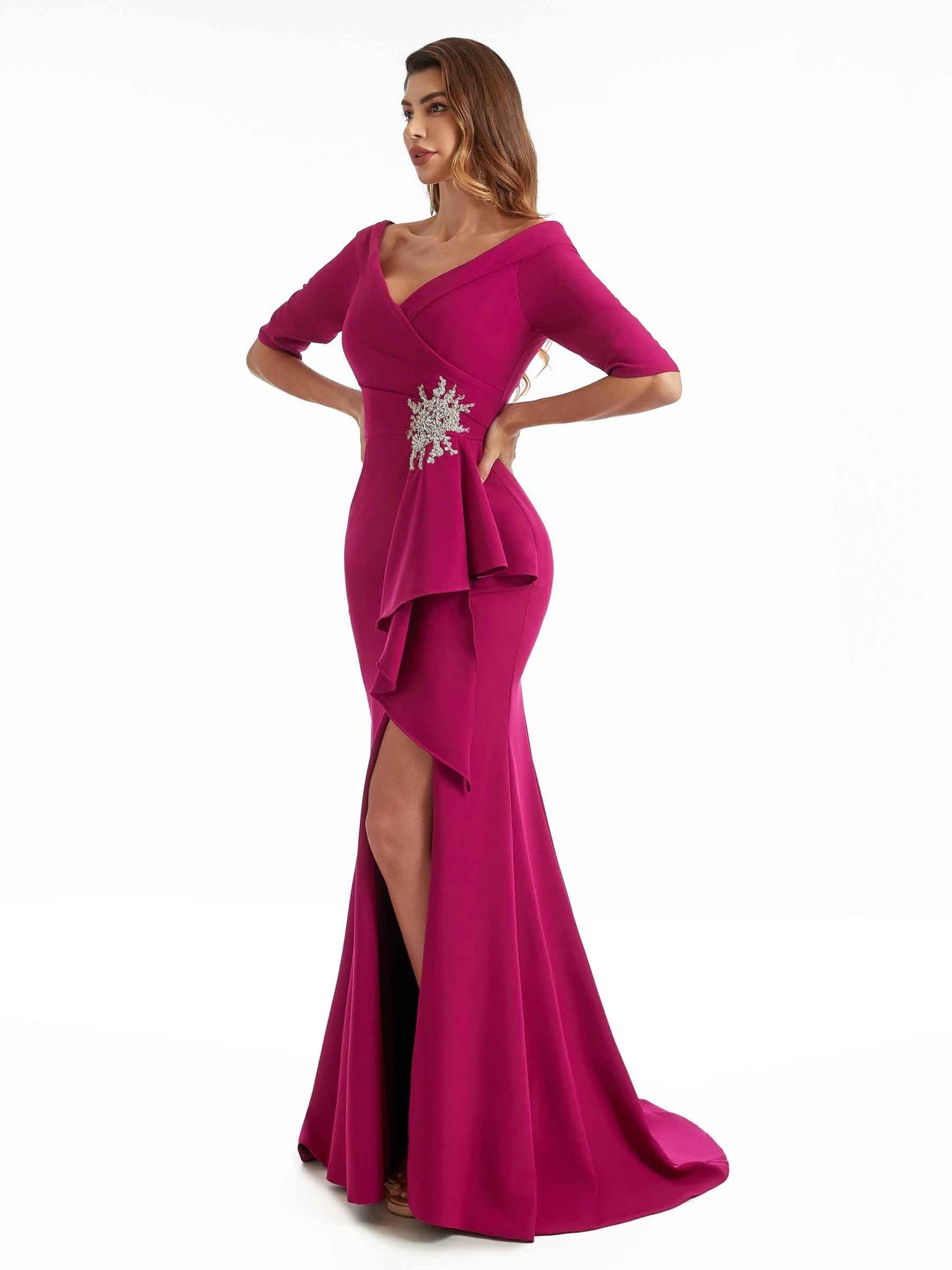 Mermaid Short Sleeves Stretch Crepe Long Sexy Side Split Bridesmaid Dresses UK