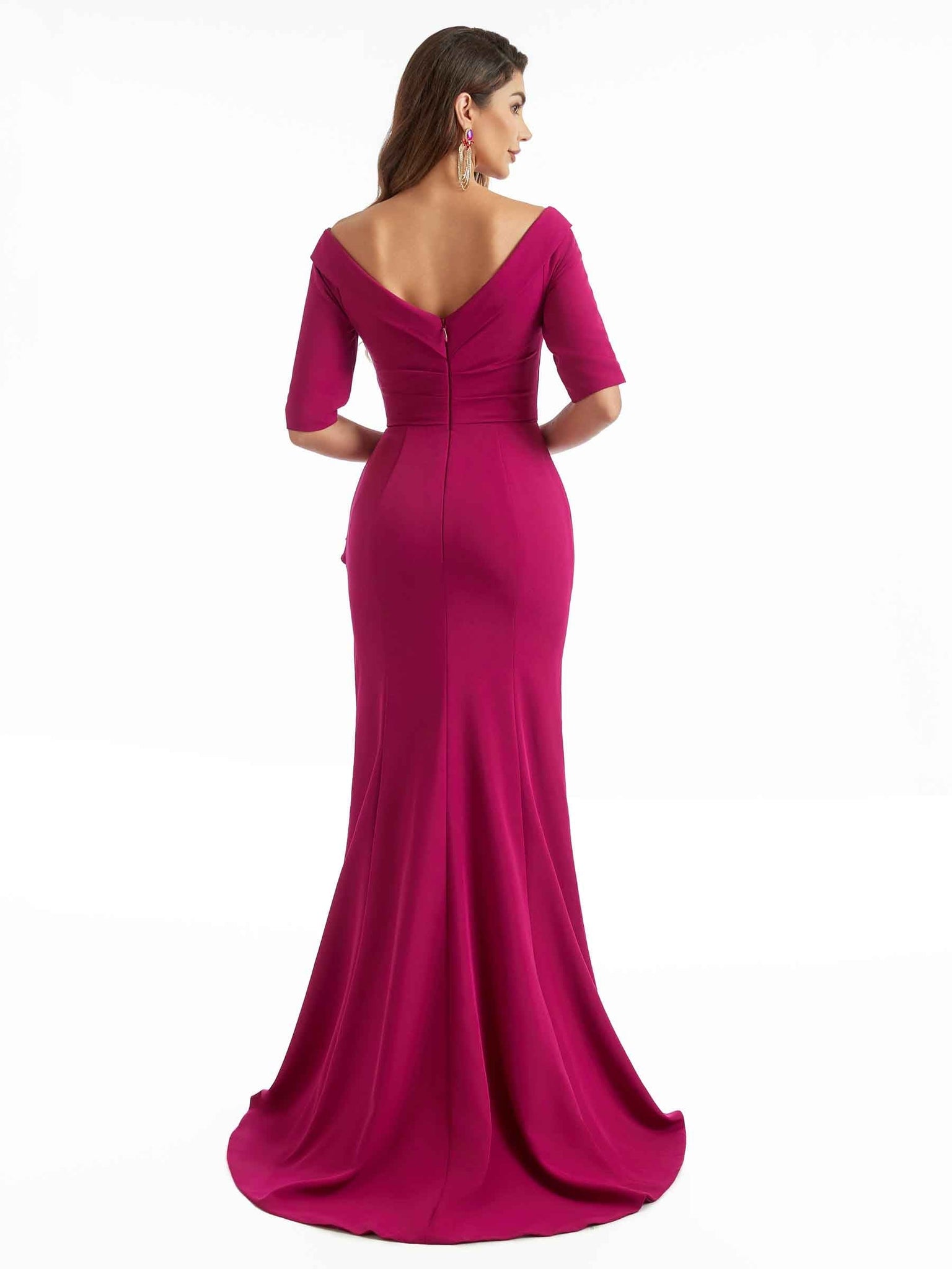 Mermaid Short Sleeves Stretch Crepe Long Sexy Side Split Bridesmaid Dresses UK