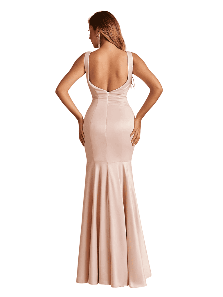 Sexy Deep V-Neck Mermaid Soft Satin Open Back Long Bridesmaid Dresses