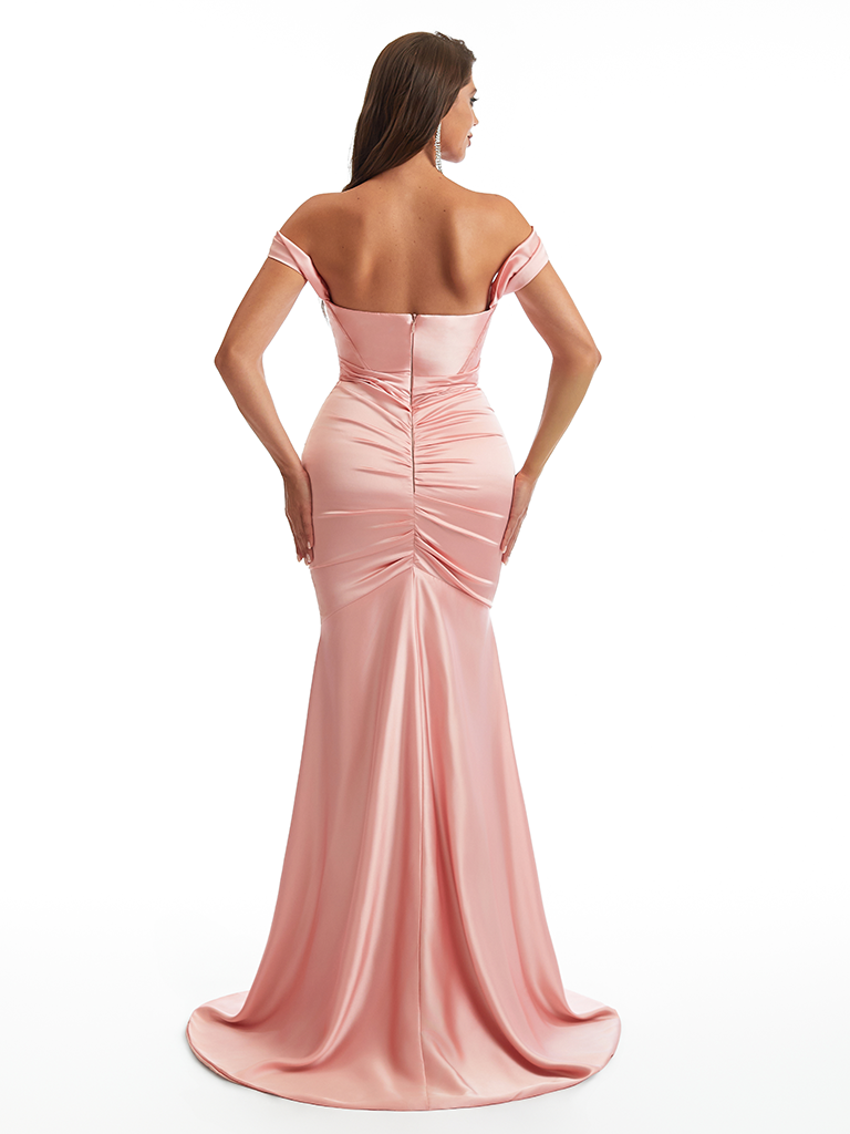 Sexy Off The Shoulder Ruched Mermaid Soft Satin Long Formal Dresses Online