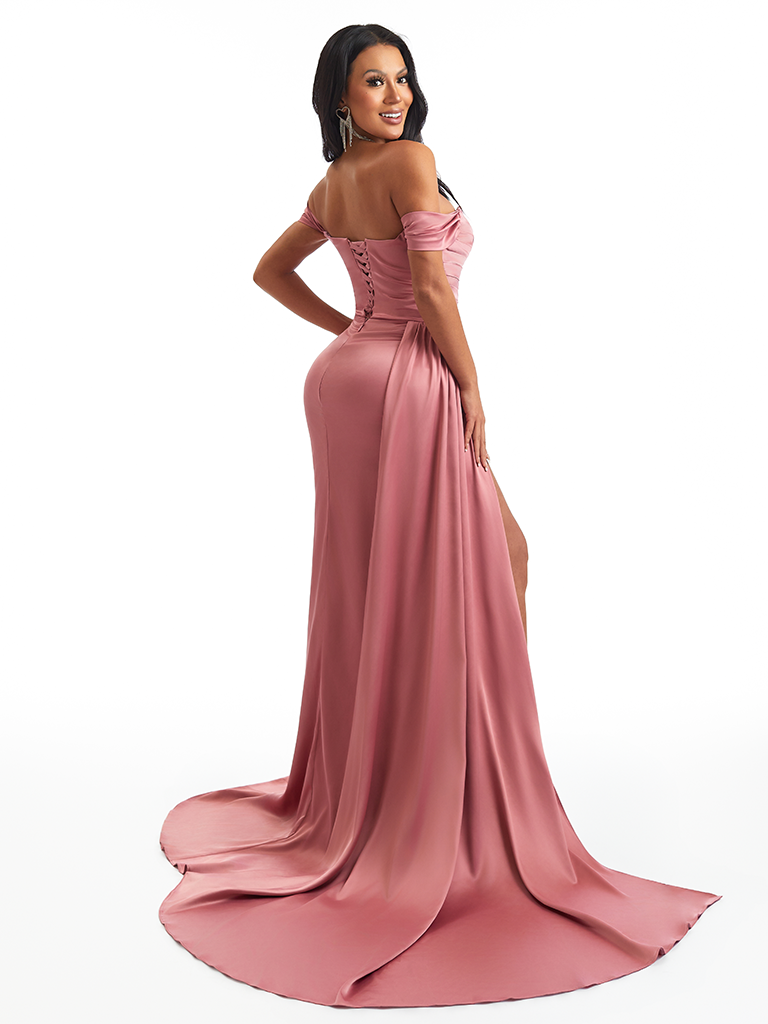 Sexy Off Shoulder Side Split Mermaid Soft Satin Long Bridesmaid Dresses
