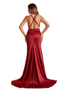 Sexy V-Neck Criss Cross Side Slit Mermaid Soft Satin Pretty Long Bridesmaid Dresses
