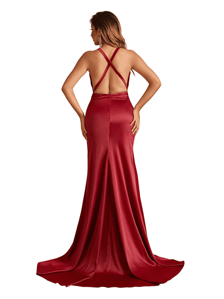 Sexy V-Neck Criss Cross Side Slit Mermaid Soft Satin Pretty Long Bridesmaid Dresses