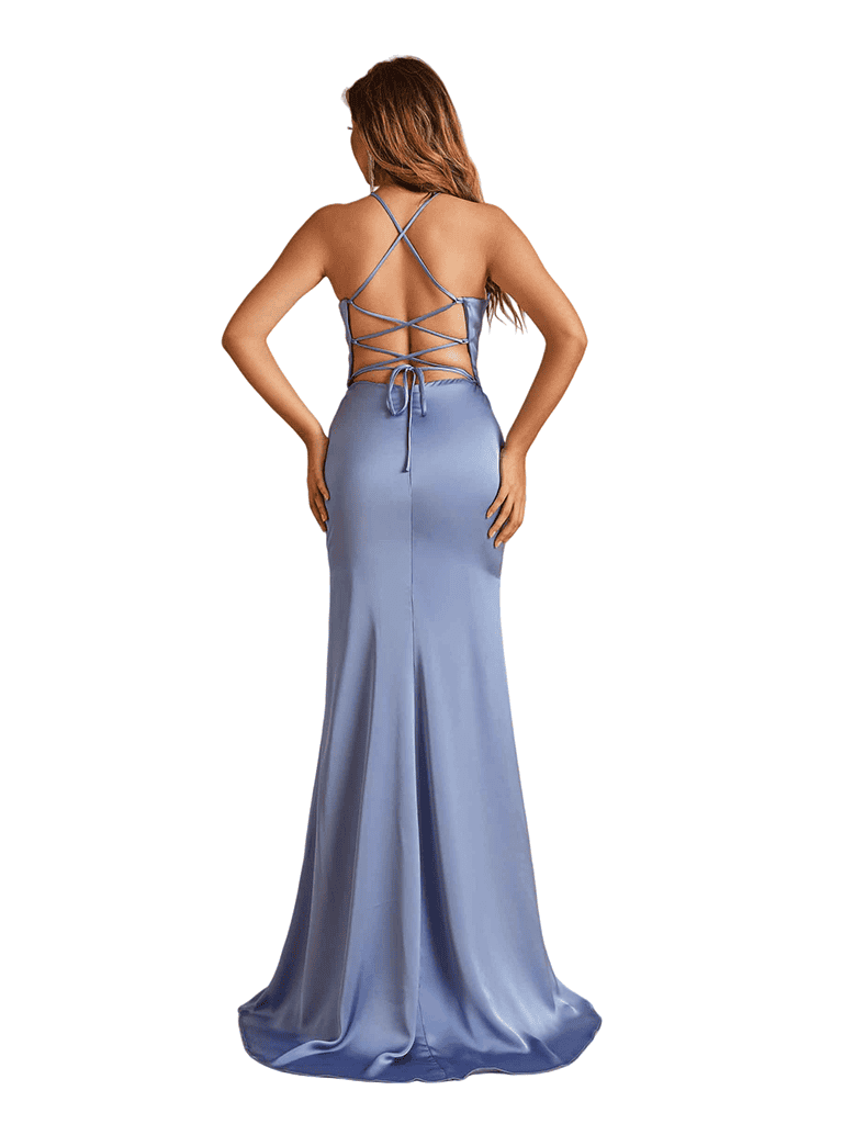 Elegant Spaghetti Straps Side Slit Criss Cross Back Mermaid Soft Satin Long Bridesmaid Dresses