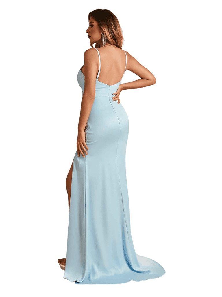 Sexy Spaghetti Straps V-Neck Side Slit Mermaid Soft Satin Pretty Long Bridesmaid Dresses