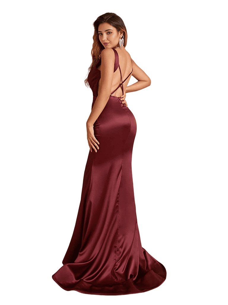 Sexy Spaghetti Straps V-Neck Mermaid Beauty Soft Satin Bridesmaid Dresses