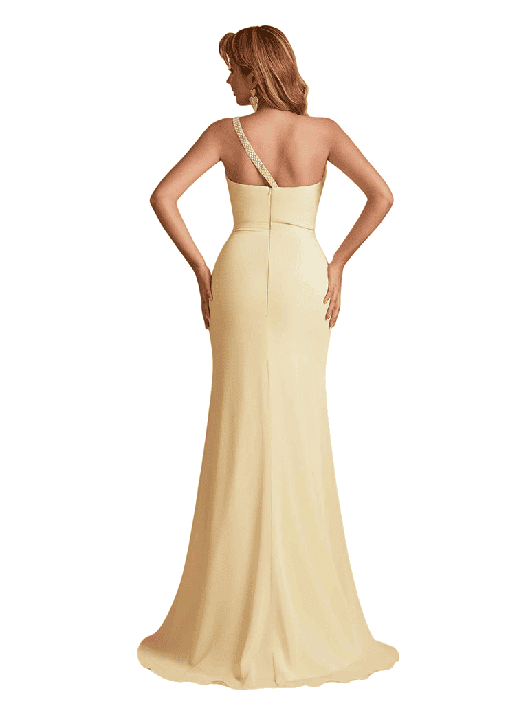 Sexy Silky Satin One Shoulder Mermaid Side Slit Ruched Long Bridesmaid Dresses Online