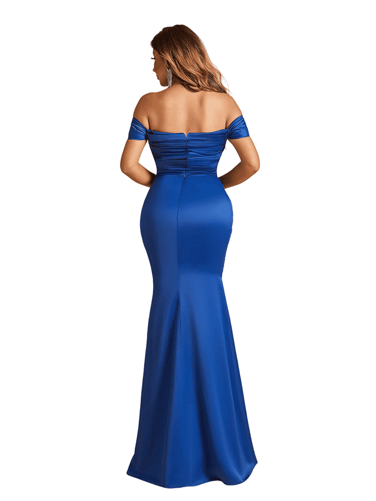 Sexy Off The Shoulder Ruched Mermaid Soft Satin Long Bridesmaid Dresses Online