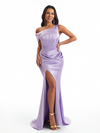 Women's Sexy One Shoulder Mermaid Silky Satin Wedding Party Maxi Dress Slit