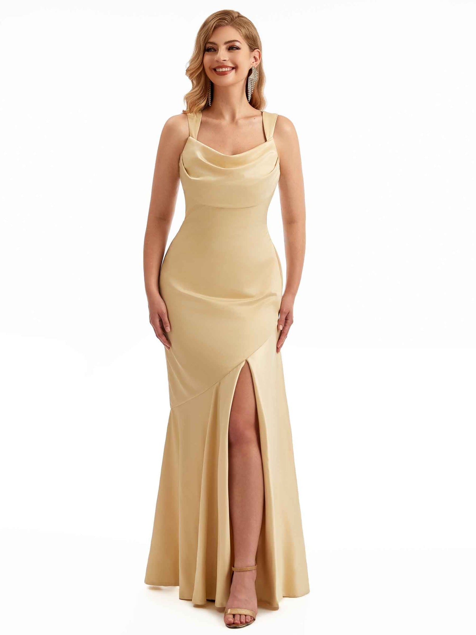 Sexy Side Slit Straps Silky Satin Long Mermaid Nice Wedding Bridesmaid Dresses UK